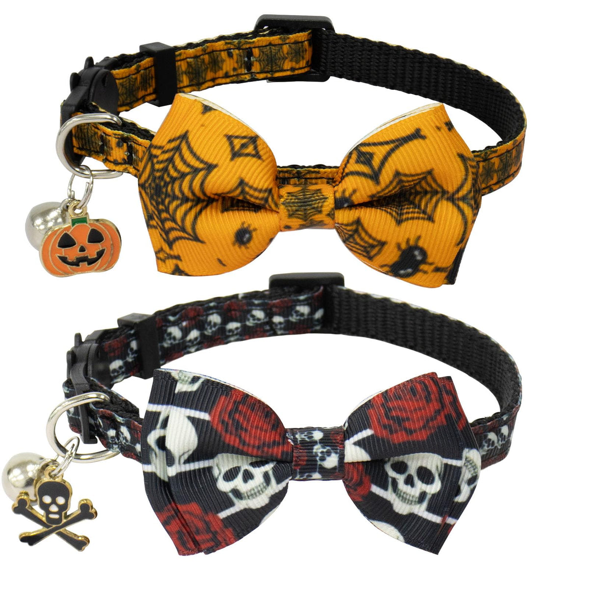 HSIGIO Halloween Cat Collar with Bells Breakaway Cat Bowtie Collars Spider Web Skull Pattern 2 Pack Safety Halloween Kitten Collars for Girl Female Boy Male Cats