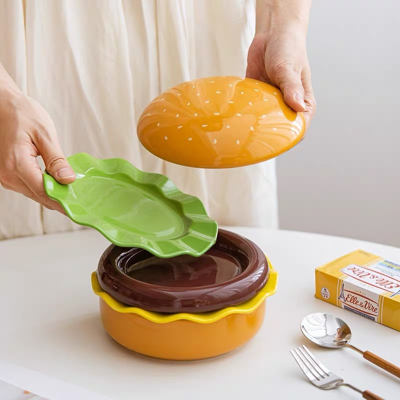 Single-Serve Hamburger Ceramic Plate