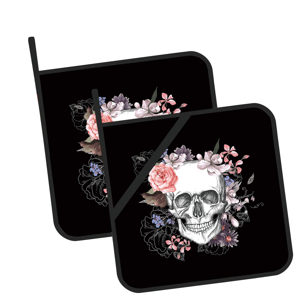 Skull with Flowers Pot Holders Set of 2 Kitchen Heat Resistant Potholder for Microwave Cooking Baking Oven End Dishes and BBQ