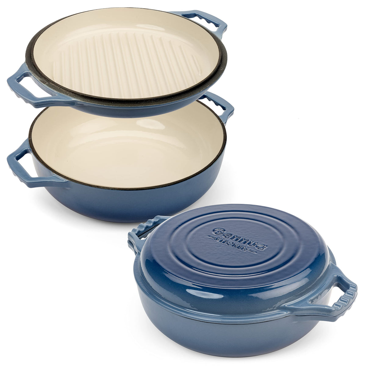 2-in-1 Enameled Cast Iron Braiser Pan with Grill Lid - 3.3-Quart Small Dutch Oven Serves as Both Casserole & Stovetop Grill Pan Cast Iron Cookware