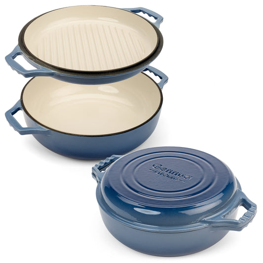 2-in-1 Enameled Cast Iron Braiser Pan with Grill Lid - 3.3-Quart Small Dutch Oven Serves as Both Casserole & Stovetop Grill Pan Cast Iron Cookware