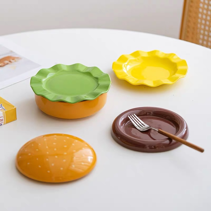 Single-Serve Hamburger Ceramic Plate